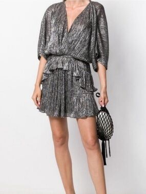 IRO Spina Metallic Champagne Silver Ruffle Dolman-Sleeve Cocktail Dress Size 8